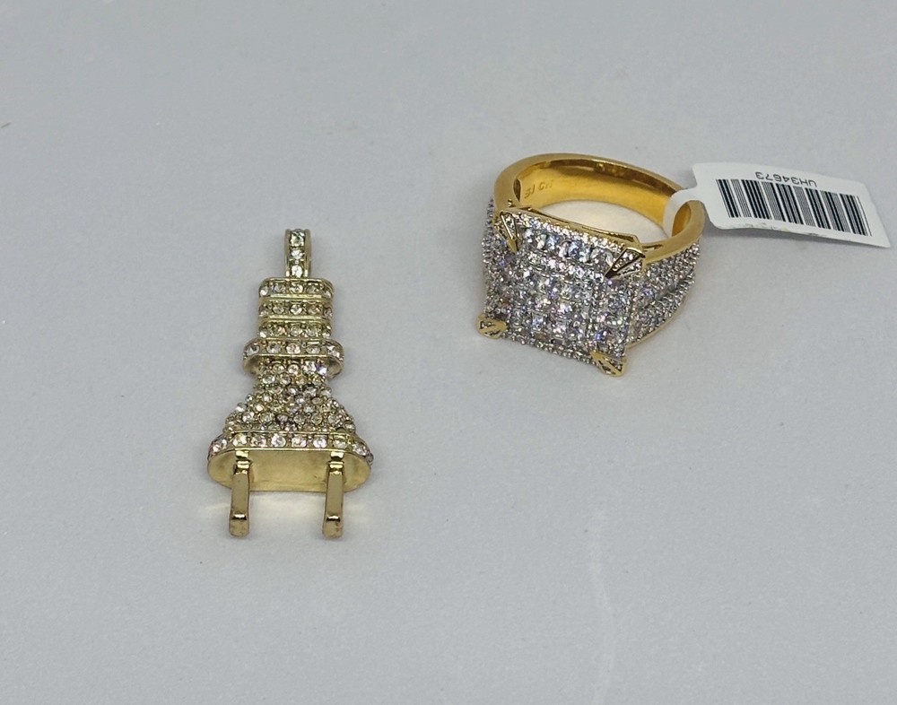 Diamond Ring size 10  & Gold Electric Power Plug Pendant Set.  (#044)