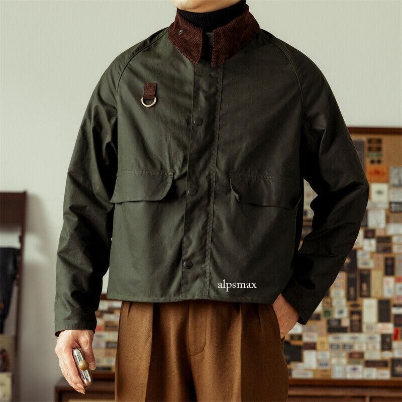 Men's Casual Solid Color Retro Stand Collar Jacket Outdoor Fishing Cropped Coats