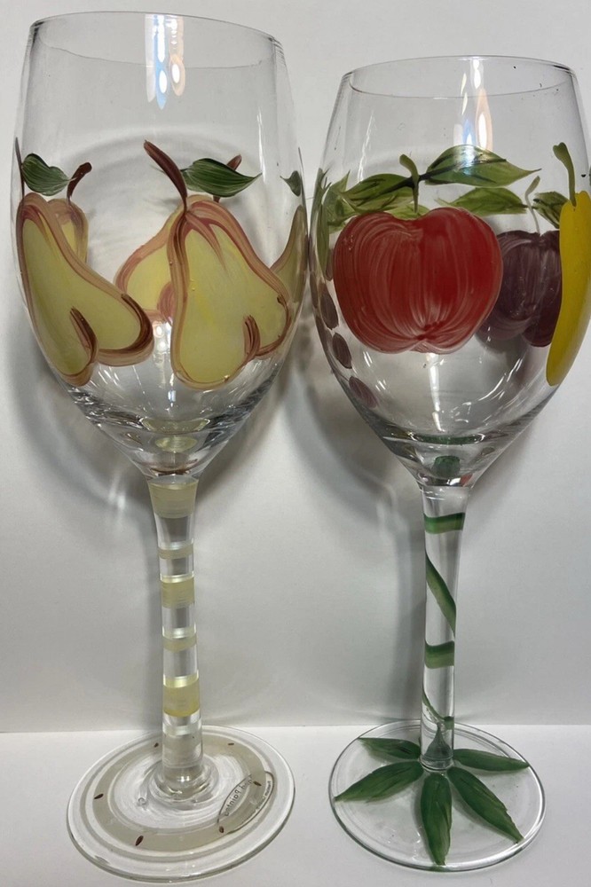Hand Painted Fruit Wine Glasses Set of 2 with Pears Apples Grapes Plum Berry
