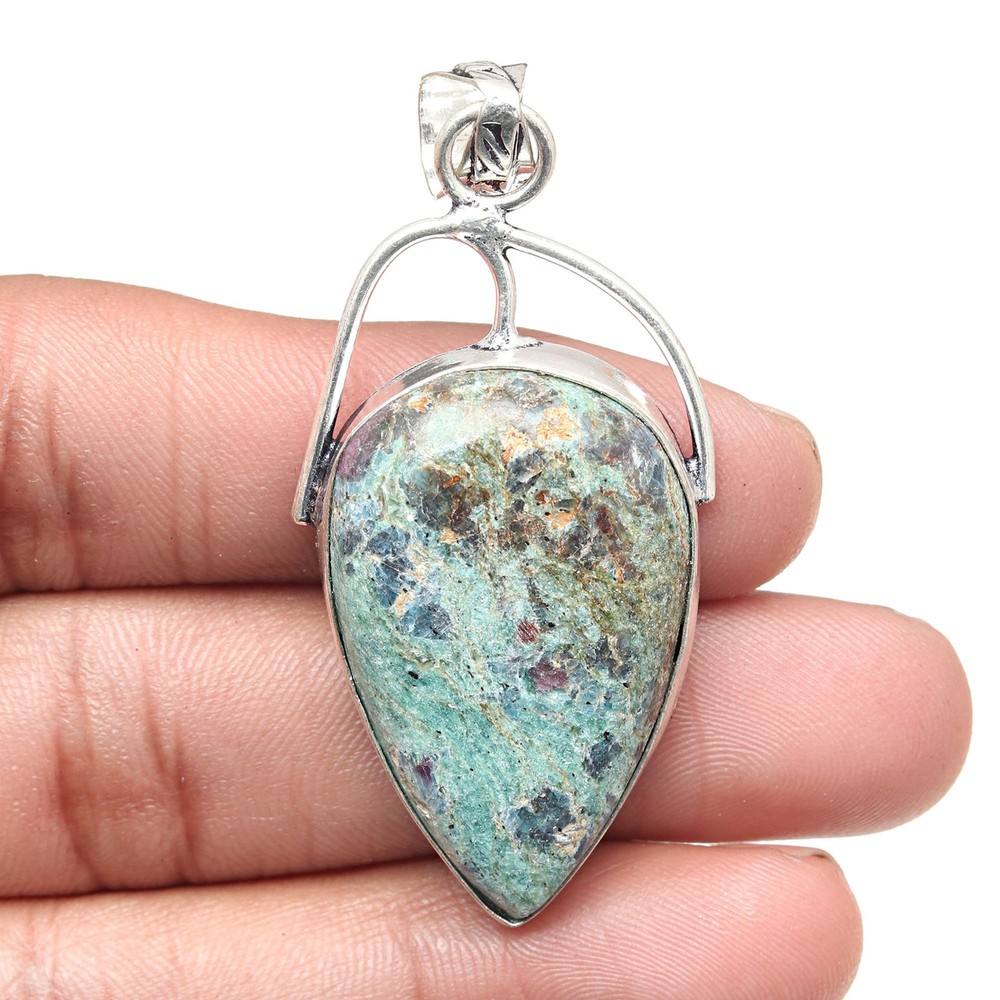 Fuchsite Cabochon Silver Pendant Valentine Gift Jewelry 2.25 Inch