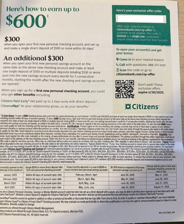 Citizens Bank $600 New Checking Savings Bonus Coupon EXP 4/30/25 Accounts Chase