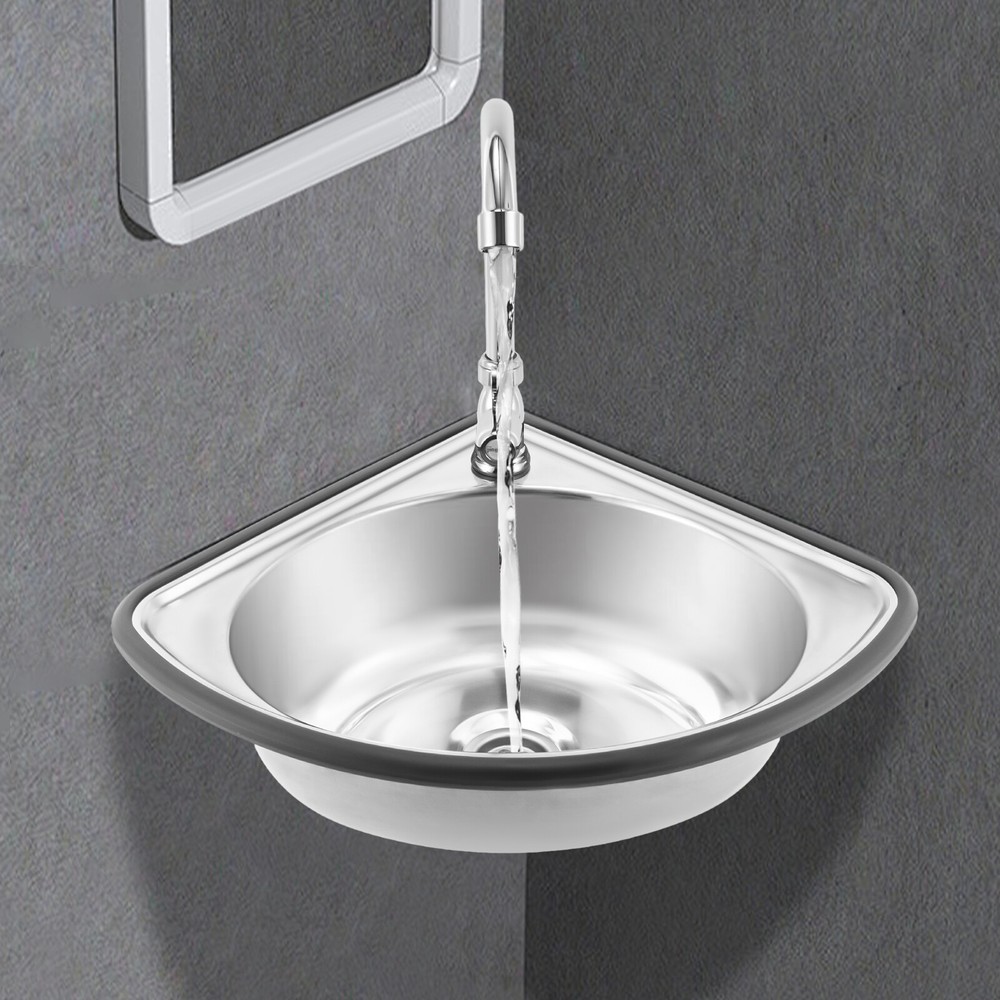 Single Triangle Wash Basin, Corner Sink Small Bar Sink Stainless Steel w/ Faucet