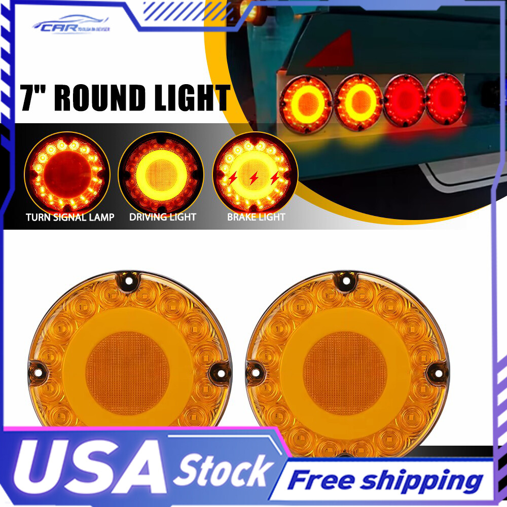 2PC 7in LED Round Tail Light Brake DRL Turn Signal for Bus Truck Trailer Amber
