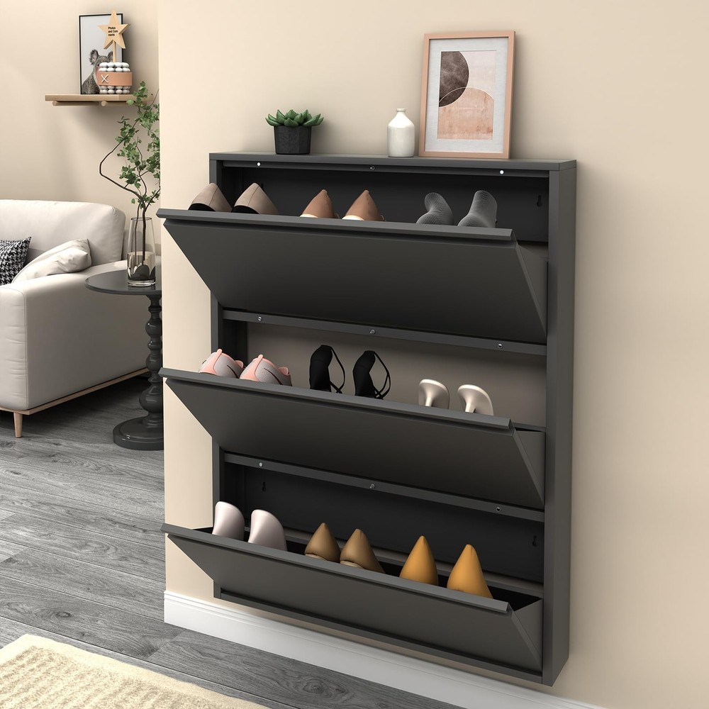 Shoe Cabinet Storage for Entryway Slim,Metal Shoe Cabinet with 3 Flip Drawers