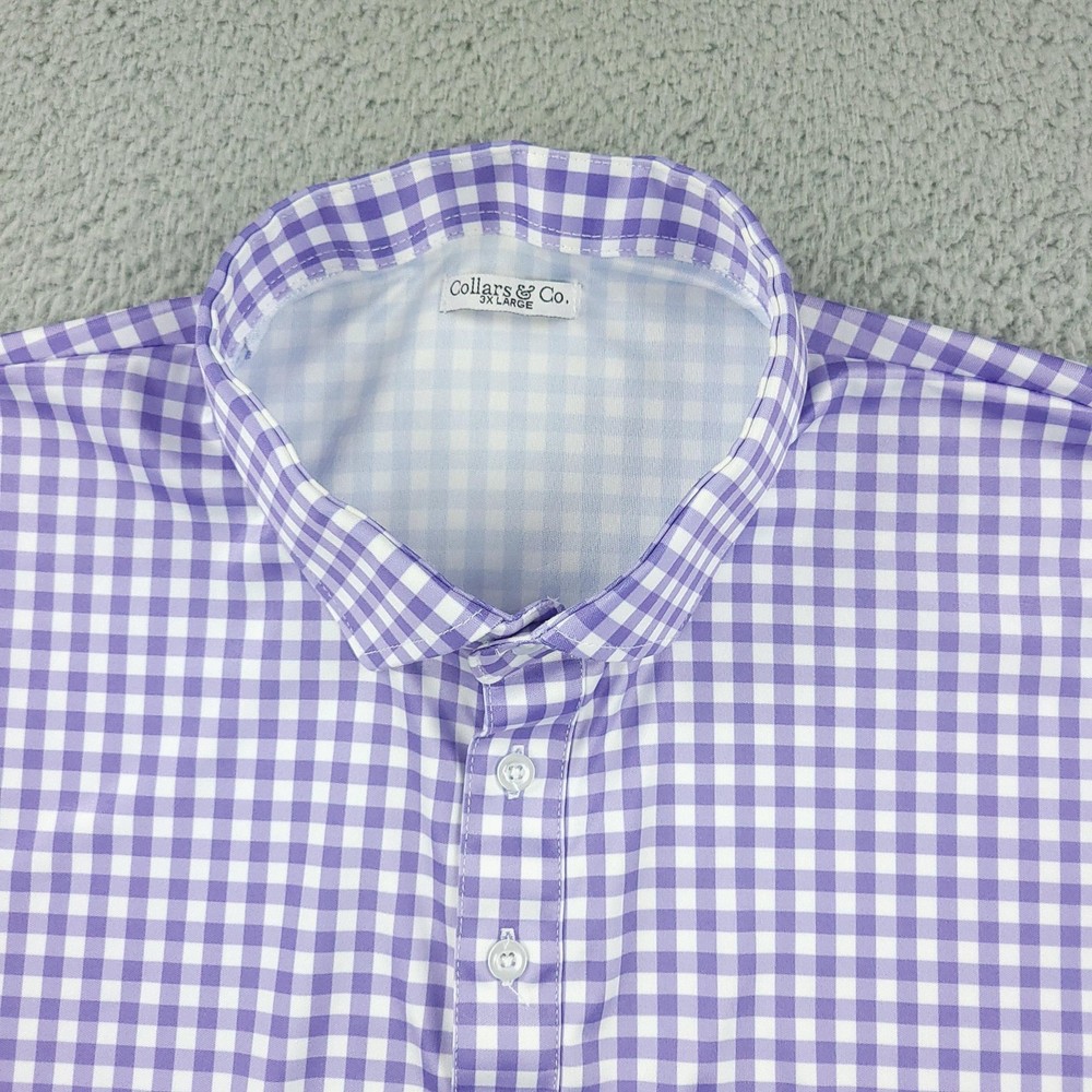 Collars & Co Polo Shirt Mens 3XL Purple Gingham Dress Collar Short Sleeve