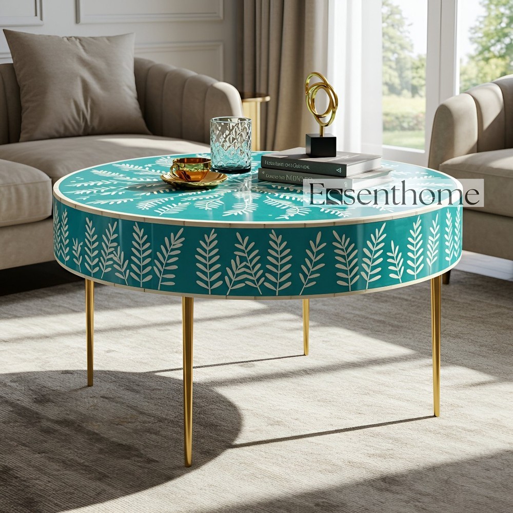 Handcrafted Green Bone Inlay Floral Round Coffee Table Essenthome