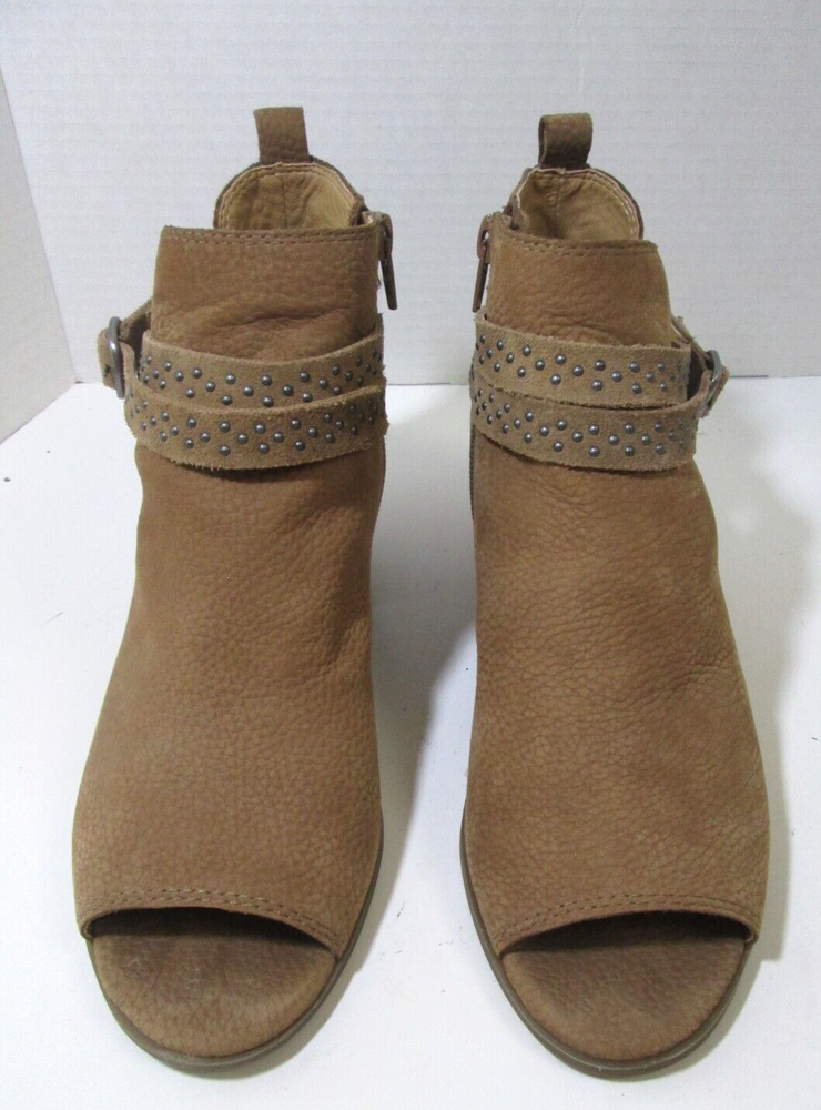 Lucky Brand Tan Leather Studded Straps Open Toe Bootie with Stacked Heel Size 7.5M B10