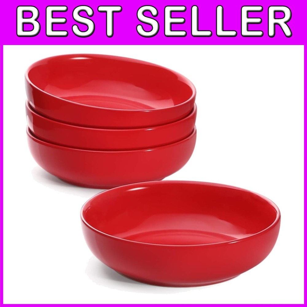 Classic Red Pasta Bowls - 45 oz, Set of 4, Microwave Safe