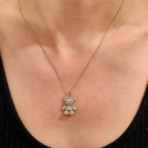 2Ct Round Cut Simulated Diamond Teddy Bear Shape Pendant 14K Yellow Gold Plated