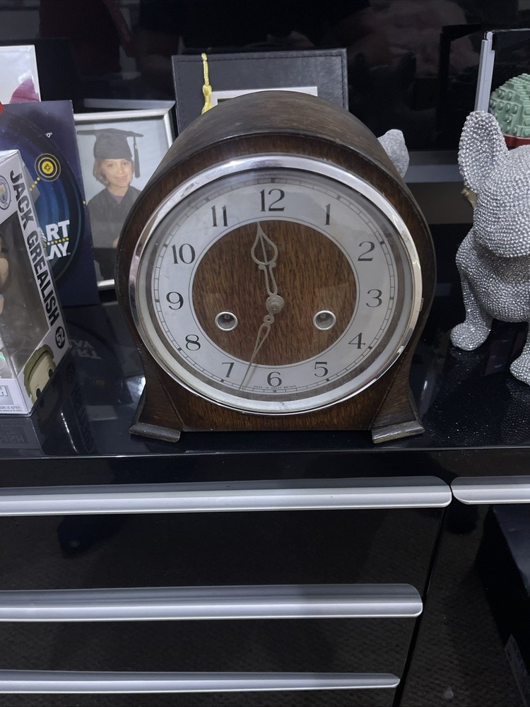 vintage mid-century Smiths Enfield chiming mantel clock with key