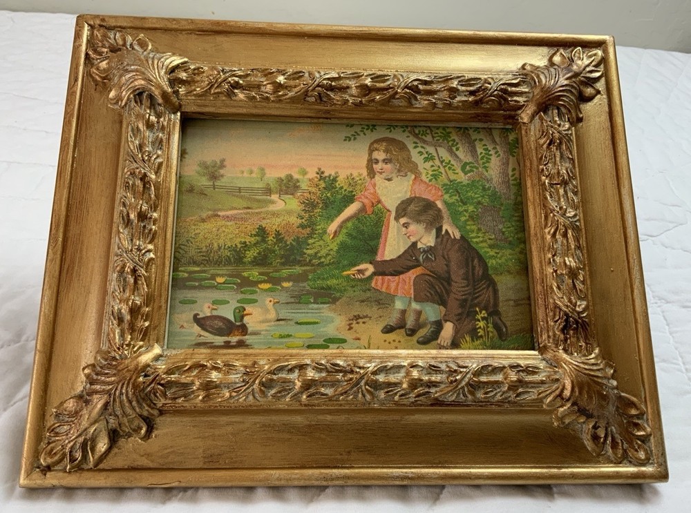 Antique Victorian Ephemera Framed, Adorable Children At Pond With Ducks