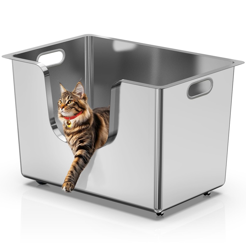 Enclosed Stainless Steel Cat Litter Box 13.8” High Sides, Extra Large Litter ...
