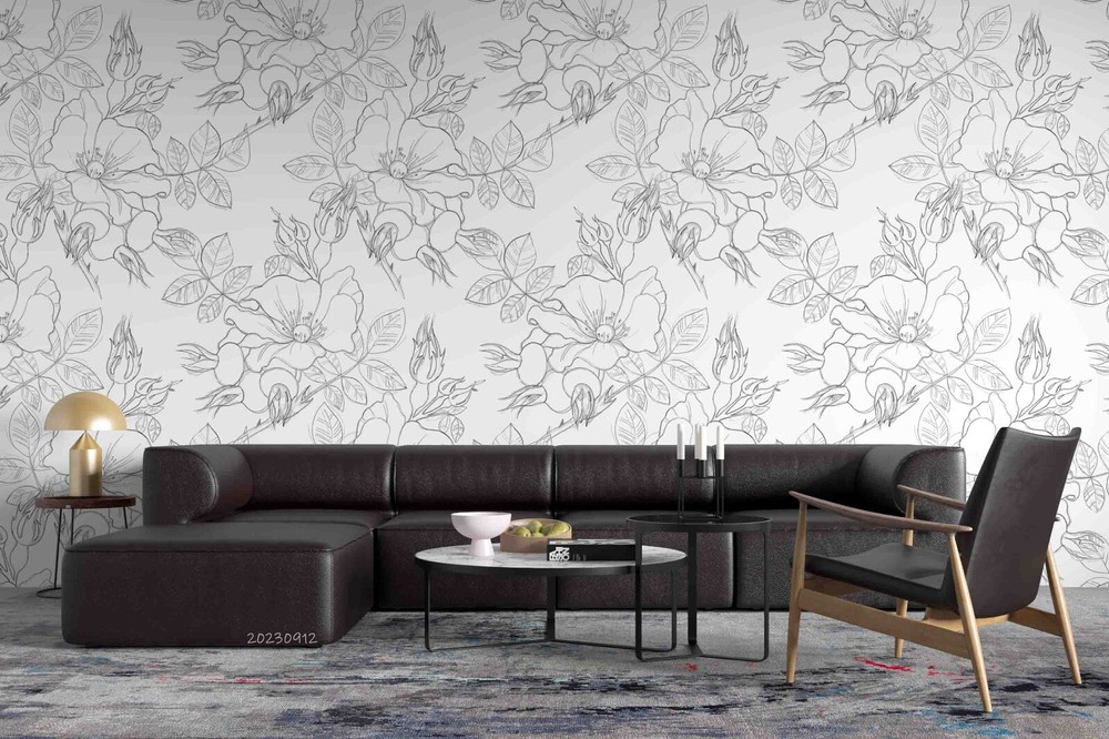3D Hand Drawn Grey Floral Pattern Wall Murals Wallpaper Murals Wall Sticker