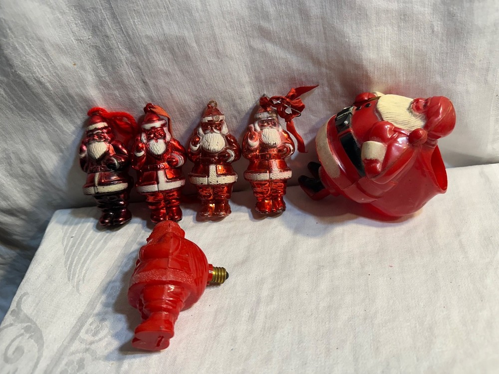 6 1950s Santa memorabilia 4 Irwin ornaments,1 candy dish,1 Goodlight santa