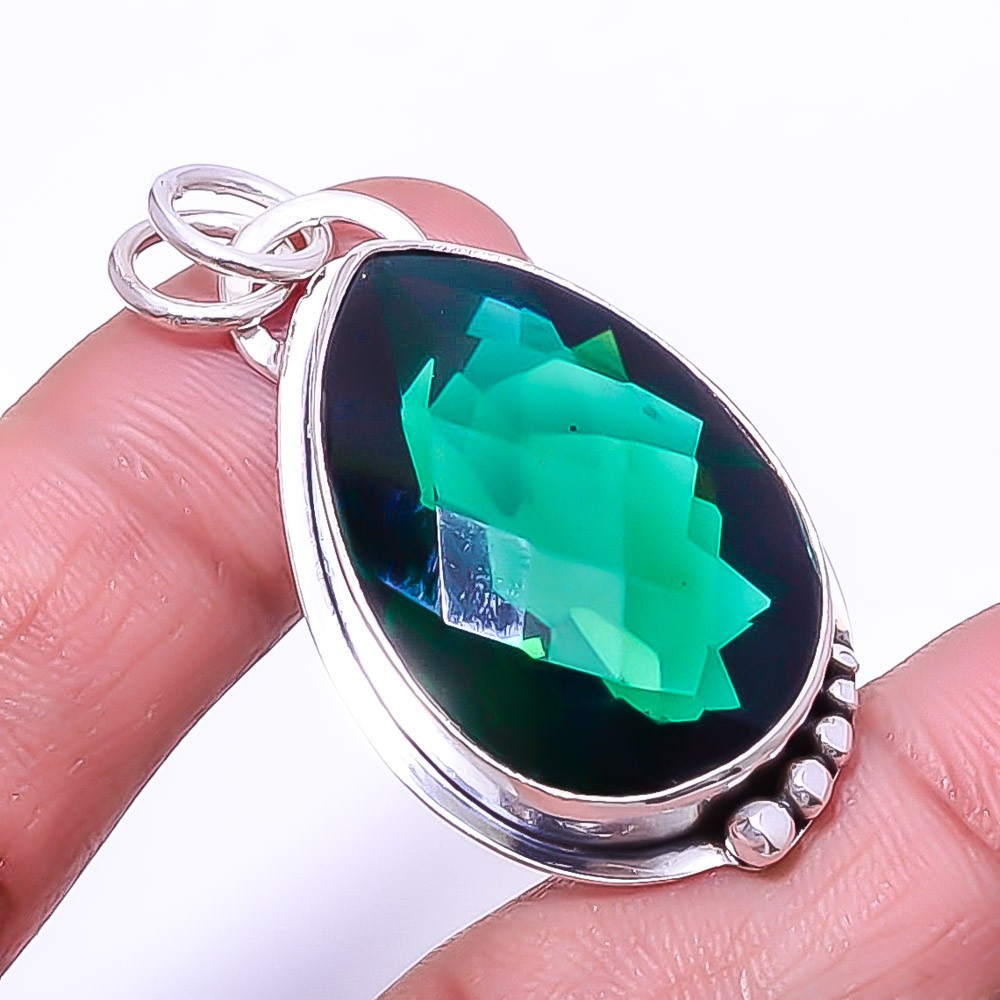 Emerald Simulated Sterling Silver Handmade Pendant 1.76 Inch P16911