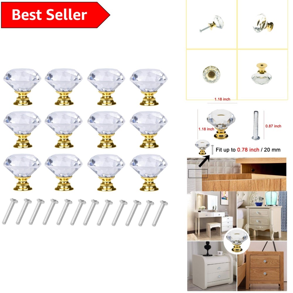 12 Pack Gold Crystal Diamond Cabinet Knobs 30mm Elegant Glass Pulls  