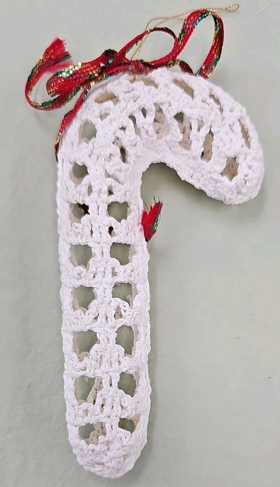 Vintage White Hard Crochet Candy Cane Christmas Ornament