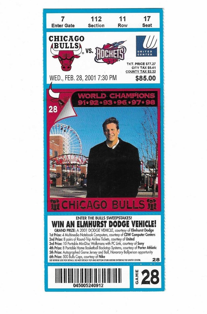 Chicago Bulls vs Houston Rockets Unused Basketball Ticket from 2/28/2001