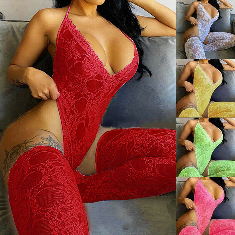Sexy Lace Lingerie Bodysuit with Stockings Sleepwear Set for Women