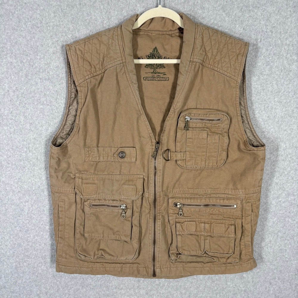 St Johns Bay Fishing Vest Mens Large Tan Rugged Canvas Utility Hunting Insulated
