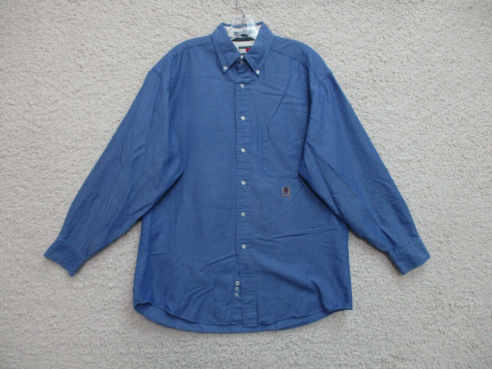 VINTAGE Tommy Hilfiger Button Up Shirt 15.5 Blue Pocket Logo Casual Cotton Mens