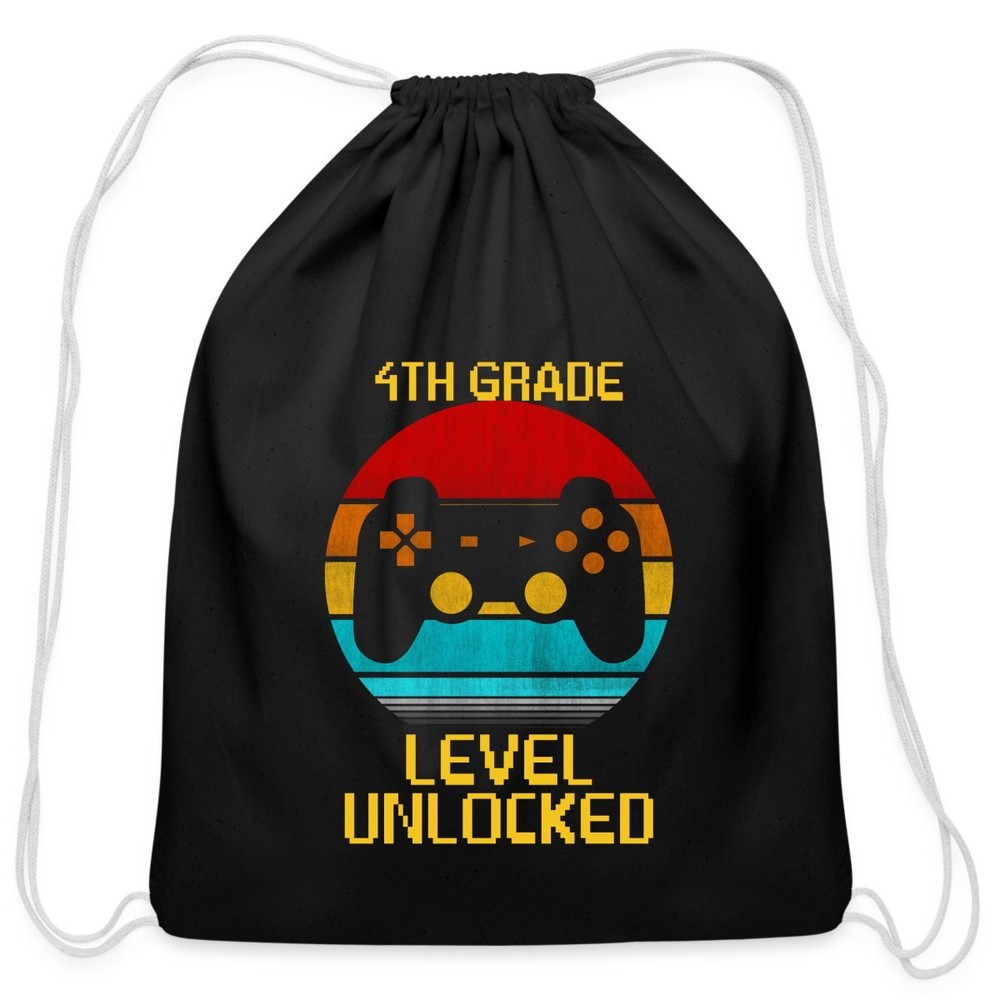 Back To School 4th Grade Level Unlocked Gamer Cotton Drawstring Bag-image