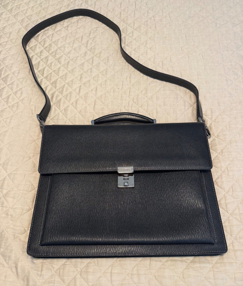 Men Salvatore Ferragamo black pebble leather briefcase bag fathers day