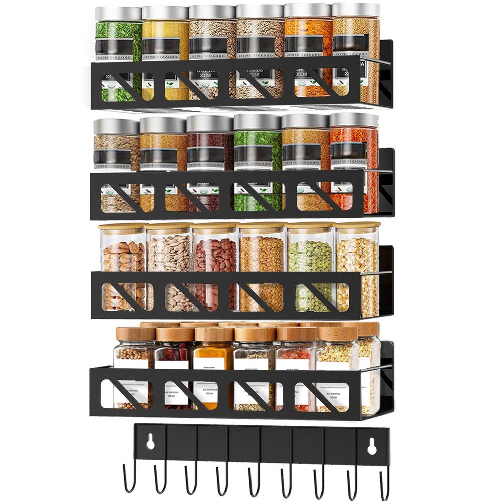 Wall Mounted Spice Rack Organizer 4-Pack with Adhesive Space-Saving Design