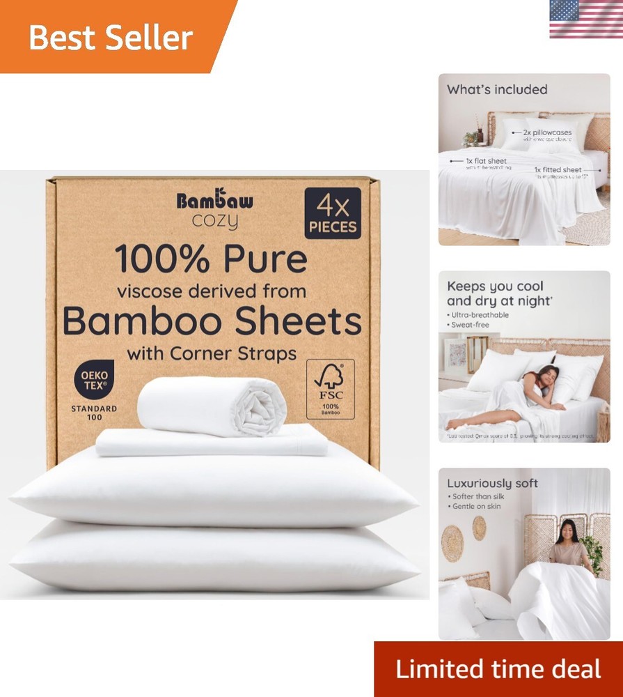 Luxury Full Size Bamboo Cooling Bed Sheets Set - 4pc Soft Breathable Bedding  -image