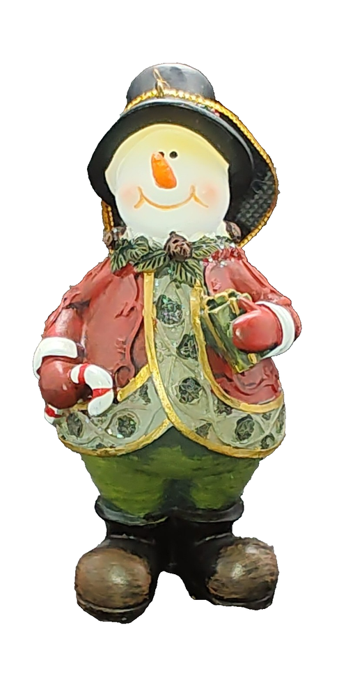 SNOWMAN Ornament Resin Red Jacket Green Pants Candy Cane Gift Vintage Look