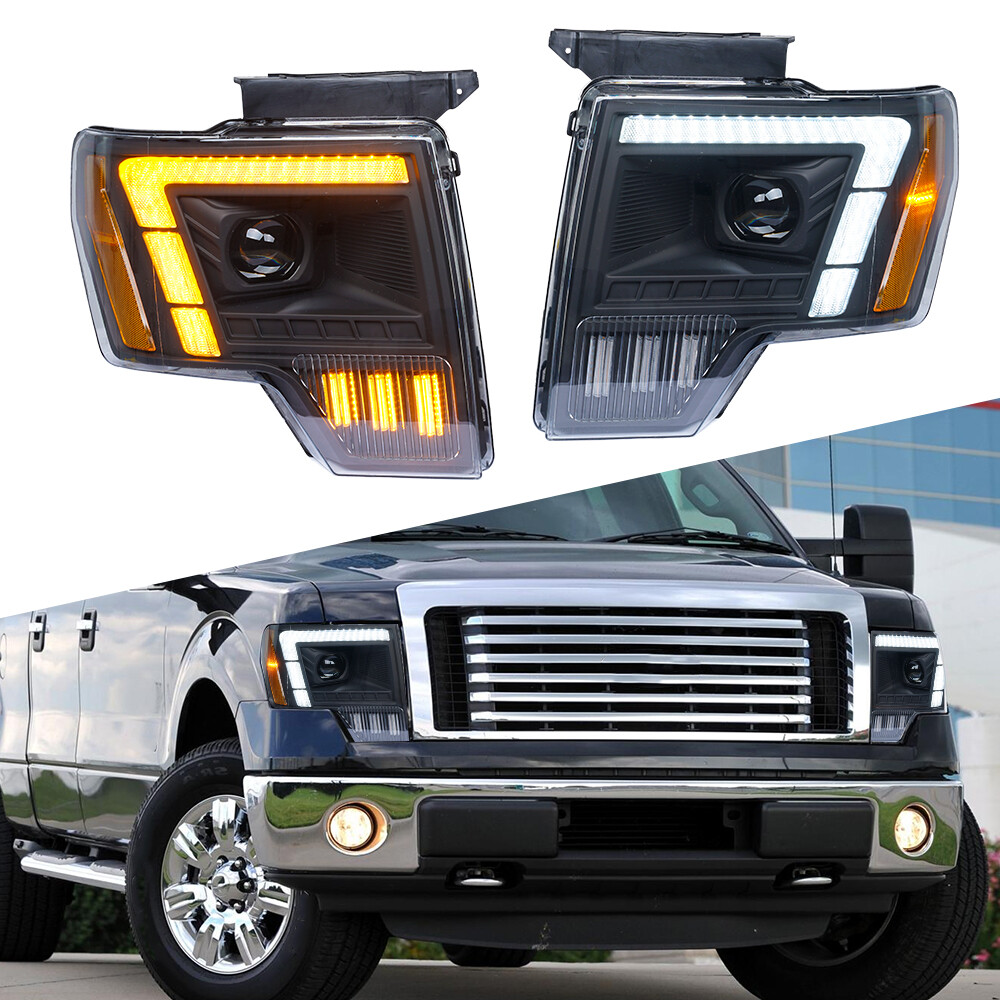 2009-2014 Ford F-150 Black/Smoke LED DRL Headlights Upgrade Pair