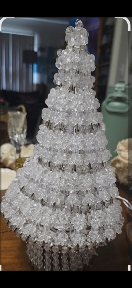 Handmade beaded Christmas tree with safety pins and clear beads  