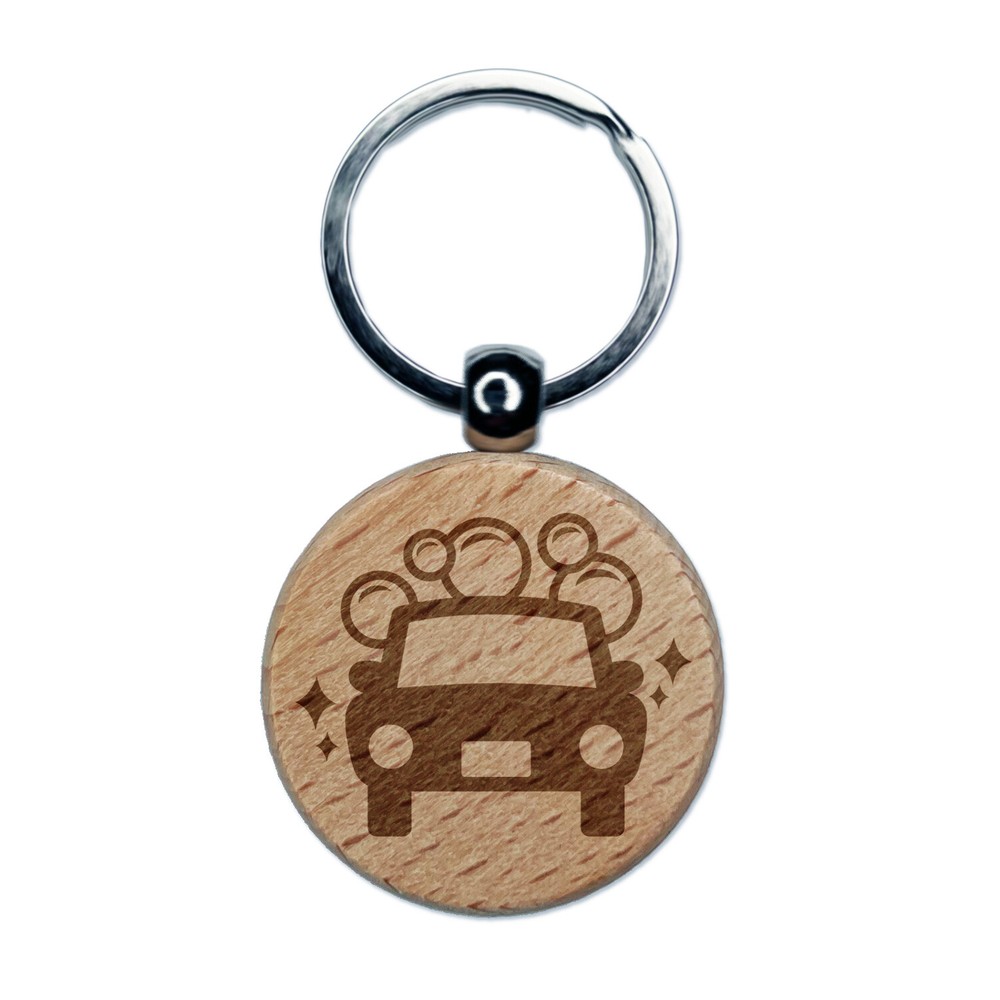Car Wash Engraved Wood Round Keychain Tag Charm