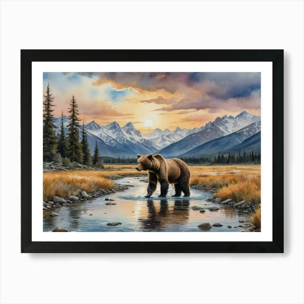 Grizzly Bear River Framed Art Print Canvas Wall Decor