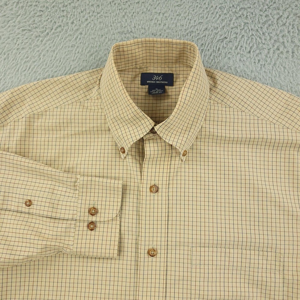 Brooks Brothers 346 Shirt Mens Medium Beige Check Non Iron Cotton Button Down