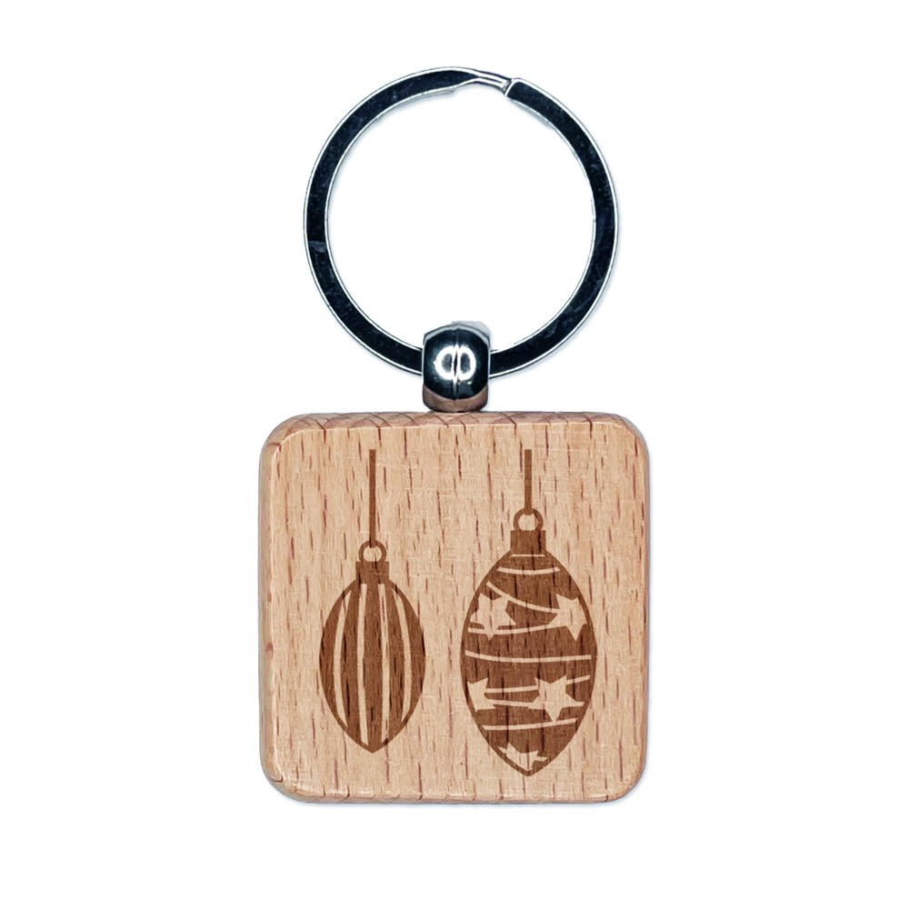 Holiday Engraved Wooden Square Keychain Ornament Charm  