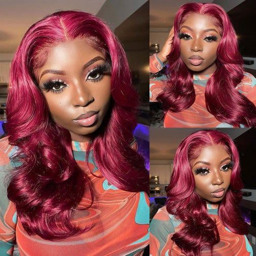 Long Burgundy Body Wave Lace Front Wig 100% Brazilian Human Hair for Sexy Beauty