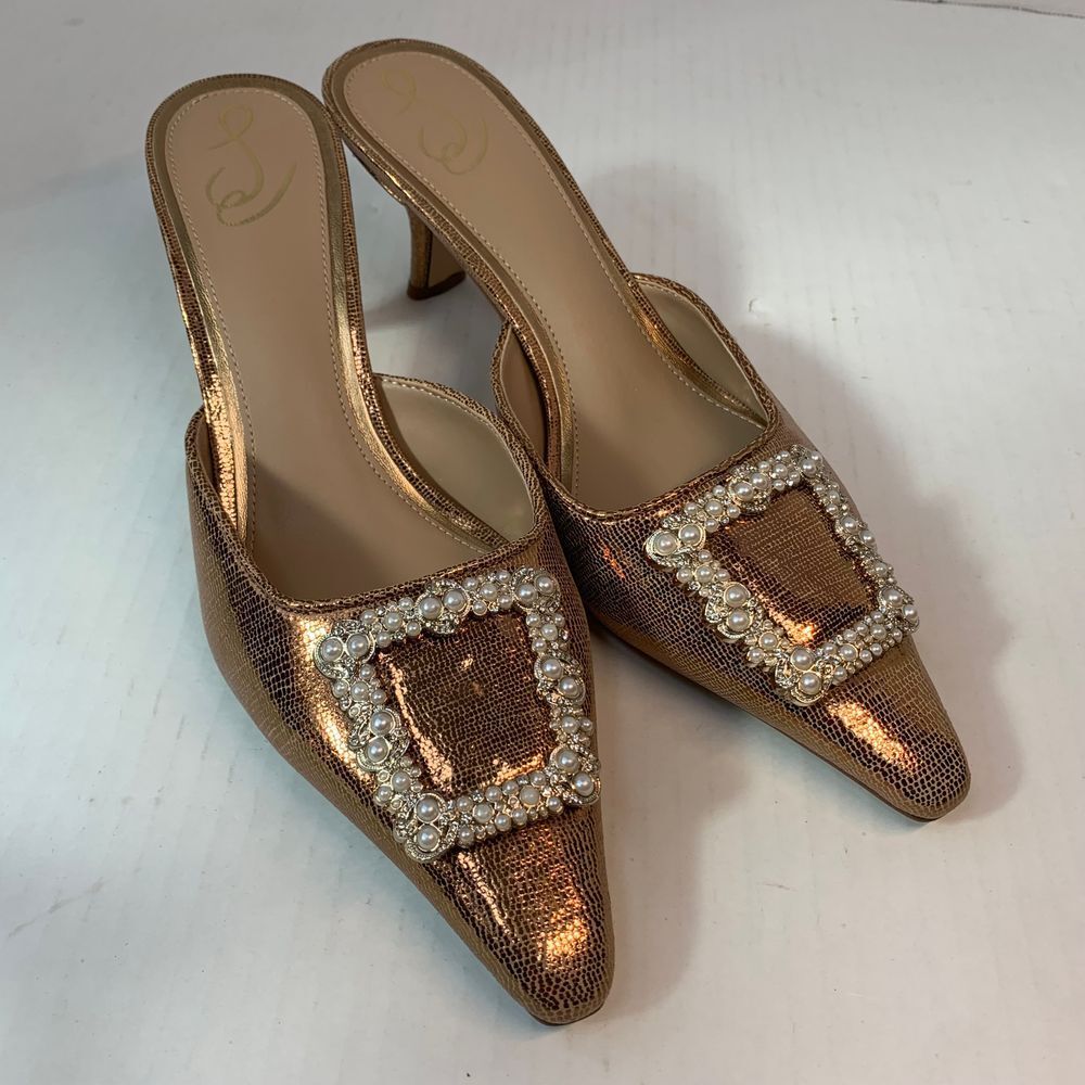 Sam Edelman Brit Luster Mules Kitten Heel in Deep Gold with Metallic Pearl Accent Size 9.5