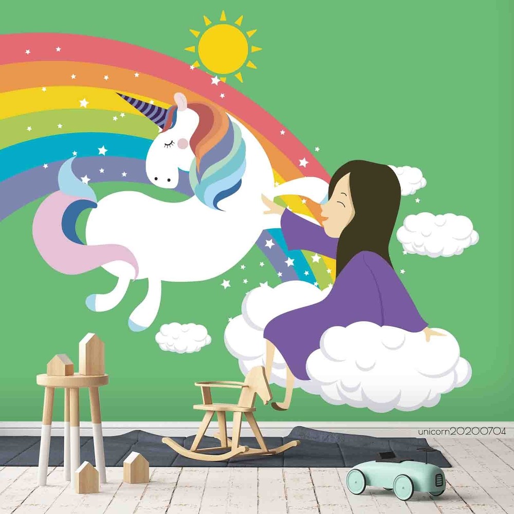 3D Unicorns Rainbow Girl Illustration Wall Murals Wallpaper Murals Wall Sticker