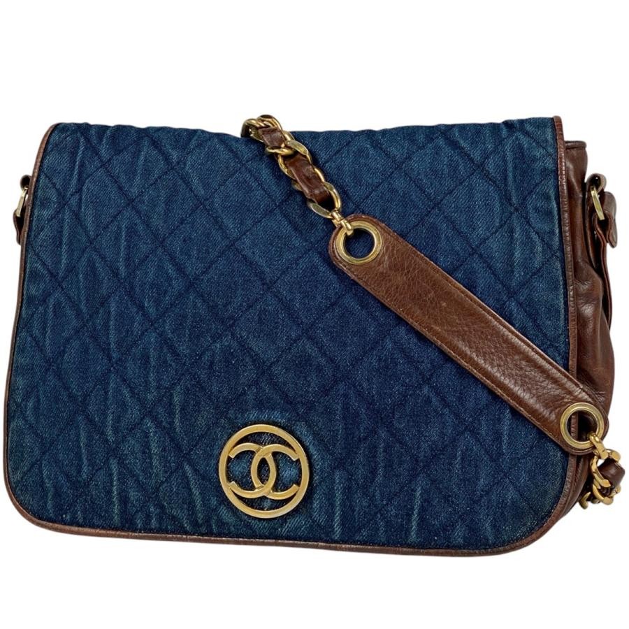 Chanel Coco Mark Chain Shoulder Bag in Matelasse Denim Blue Brown Pre-Owned Women's Handbag  