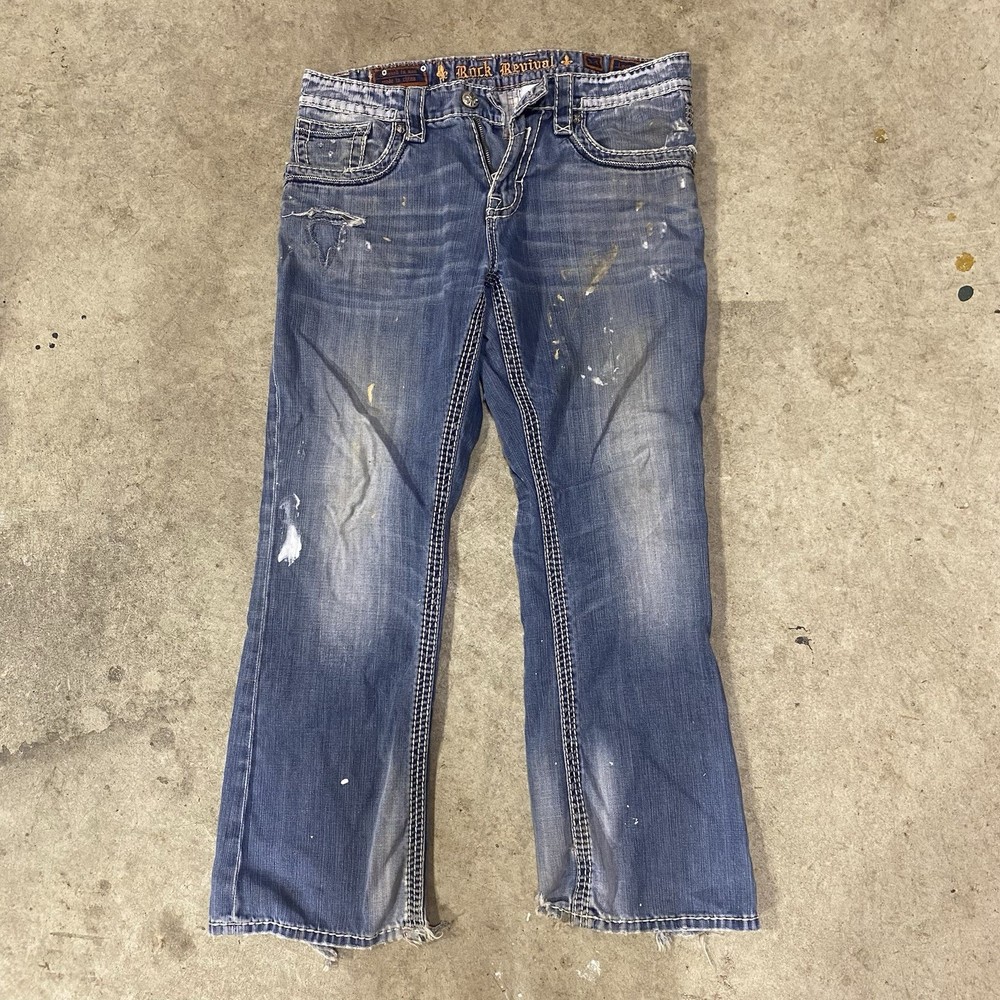 Size 34 Rock Revival Mens Light Blue Logan Boot  Embroidered Jeans