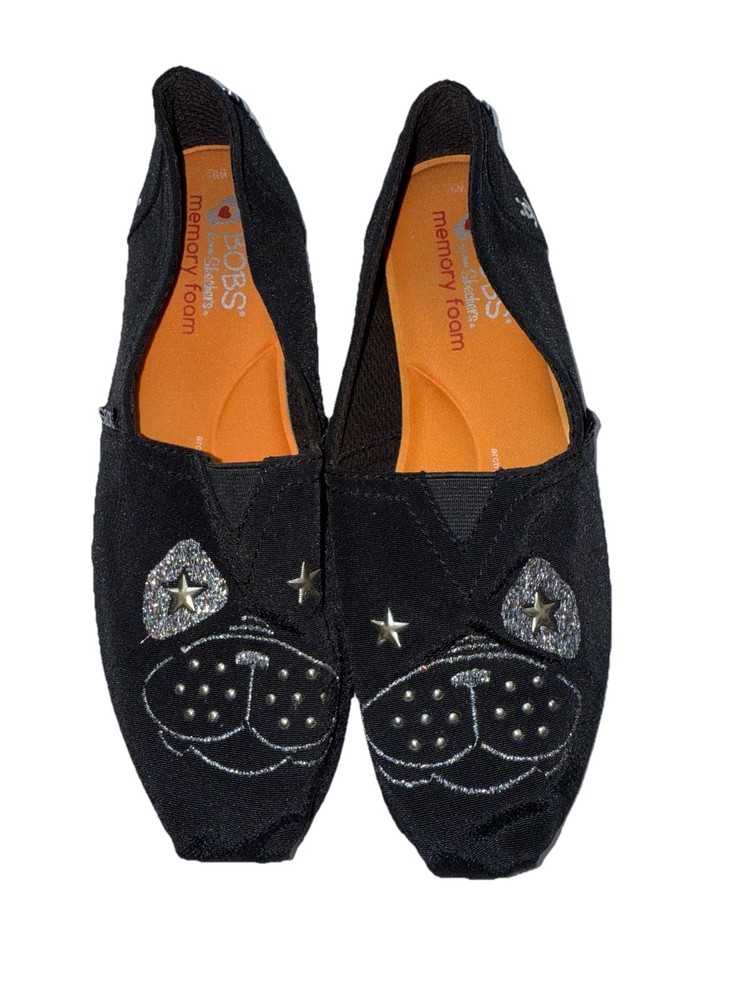 BOBS by Skechers Black Slip On Flats Dog Cat Face Stars Memory Foam Women’s 9.5