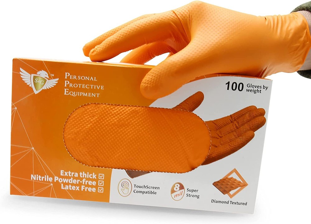 S&G Heavy Duty Orange Nitrile Disposal Gloves Powder Latex Free 8 Mil  ML XL XXL