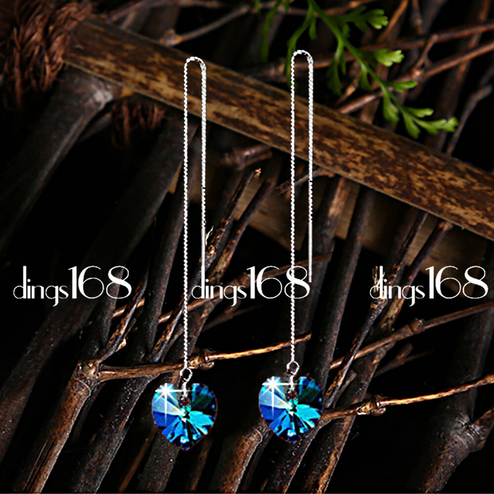 925 Sterling Silver Tarnish-Free Blue Crystal Heart Long Threader Earrings X1260