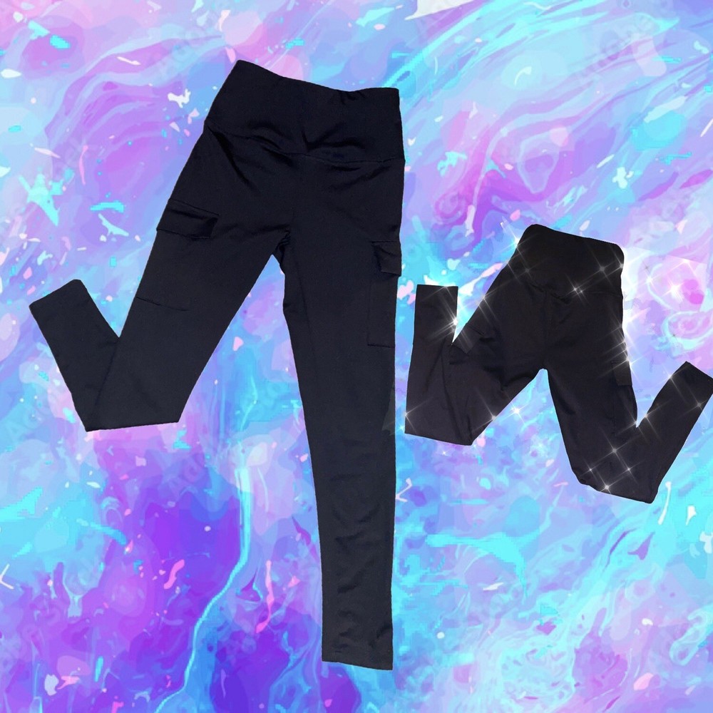 Black High-Waisted Tummy Control Workout Leggings with Cargo Pockets for Women | Size S