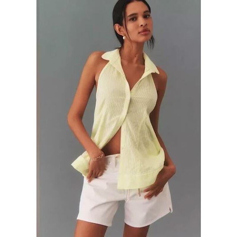 By Anthropologie Button-Front Halter Swing Blouse Green Motif NWT 128 XXS