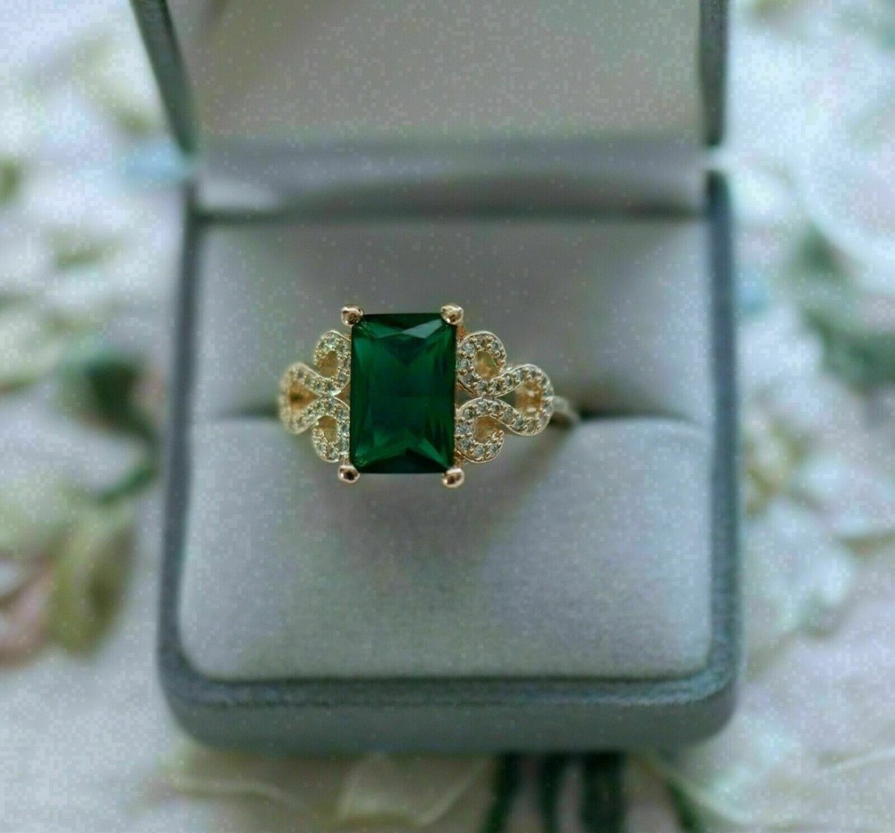 3.75 ct Emerald Cut Emerald Ring Diamond Wedding Ring 14K Solid Yellow Gold