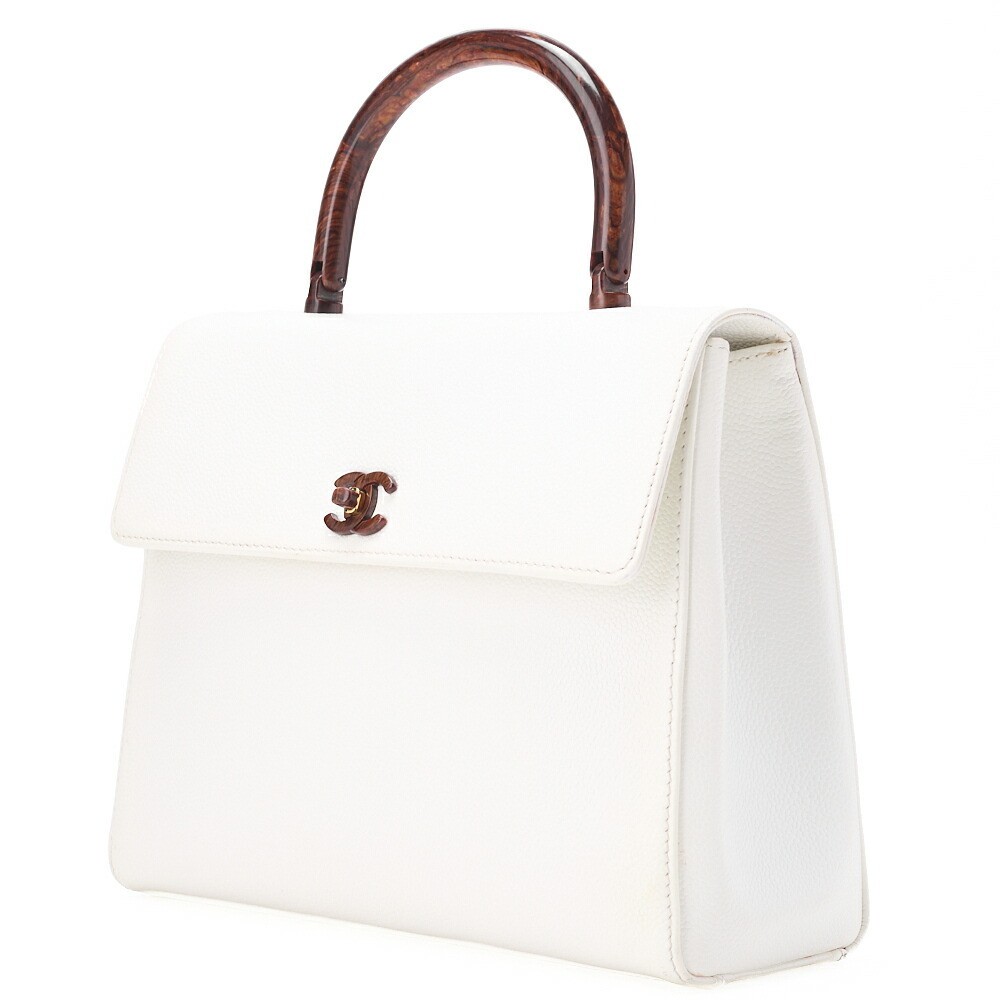 CHANEL White Wood Pattern Turnlock Tote Handbag 571906