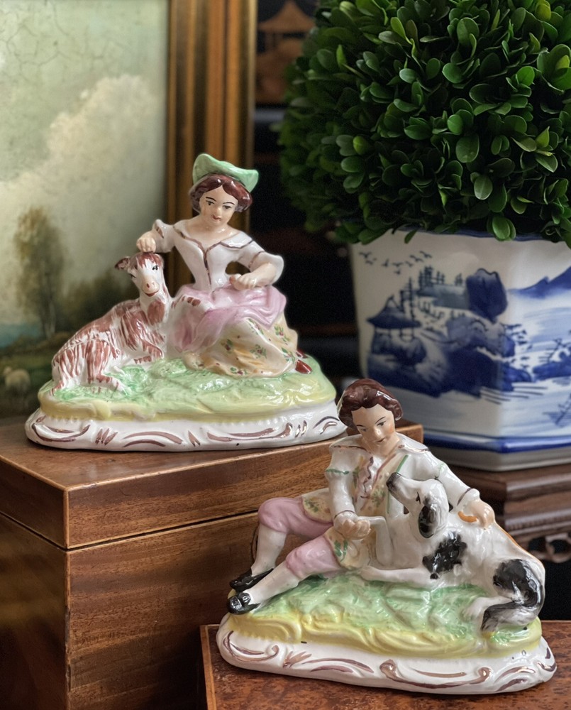 Elegant Rare Antique Pair English Staffordshire Noble Dog Goat Mantle Figures 6”