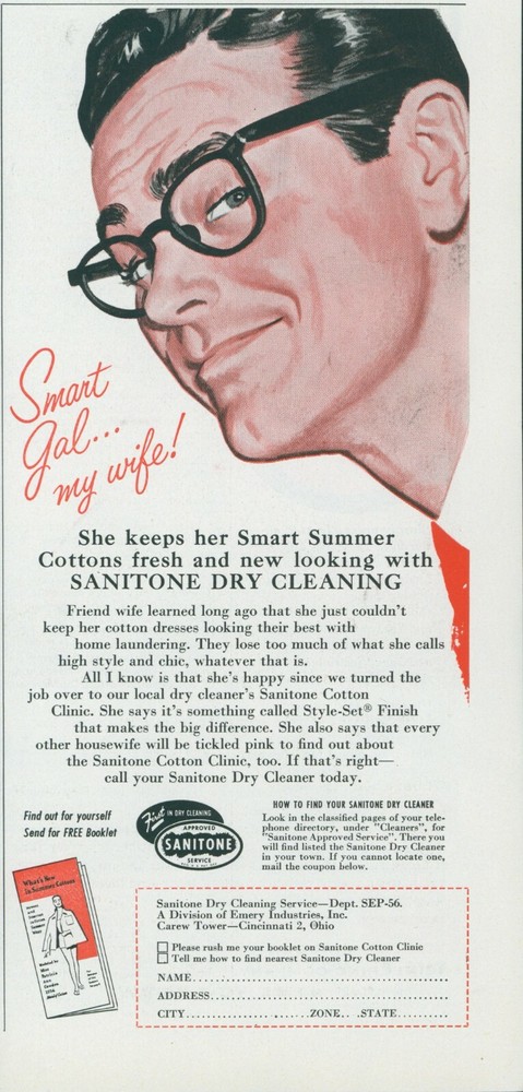 1956 Sanitone Dry Cleaning Vintage Print Ad Smart Wife Man Glasses Style-Set SP1